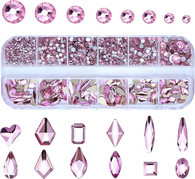 Dowarm 3200PCS Nail Art Rhinestones, Light Pink Flatback Rhinestones for Nails, Crafts, 12 Styles 3D Glass Crystal Nail Gems