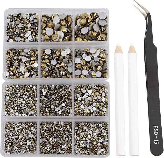 NCB 8000pcs Non Hotfix Rhinestones 10 Sizes Flatback Crystal Glass Rhinestones with Tweezers and Picking Pen for Nail Art Clothes Bags Phone Decorations Crafts DIY (032 Aurum Mix SS3-SS30)
