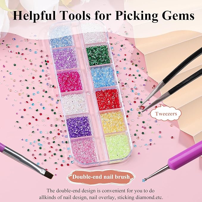 12000Pcs Nail Art Rhinestones Colorful Rhinestones Kit, 1.5mm Pointed Bottom Rhinestones Crystals Stones Diamonds Gems Bedazzler with Pickup Tools for Nails Face Eyes Makeup Crafts (24-K1-1.5mm)