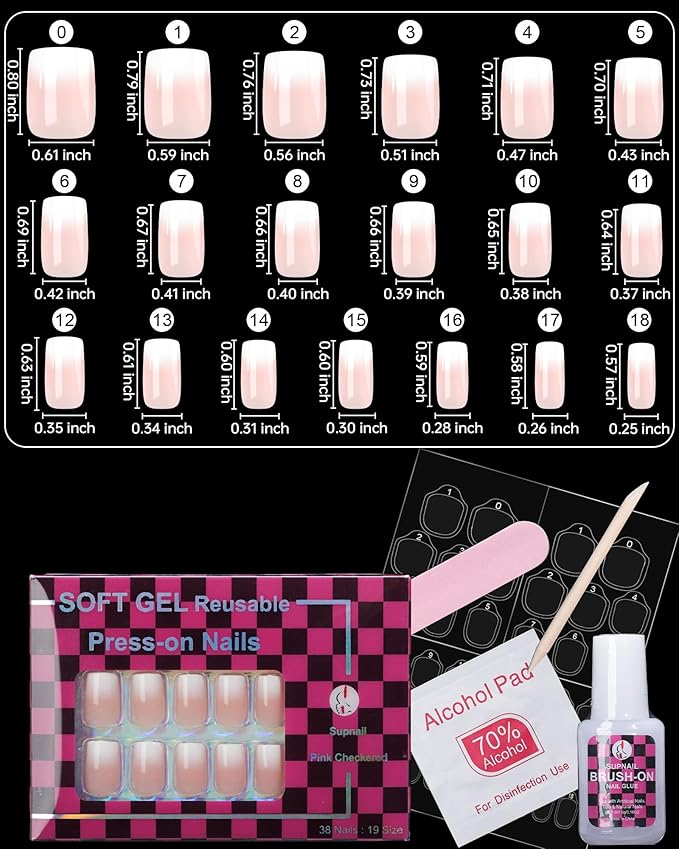 Press on Nails,Ombre Short Square, 19 Sizes, 38 Pieces,Fake Nails with Brush-on Glue & Adhesive Tabs (Toast Crust)