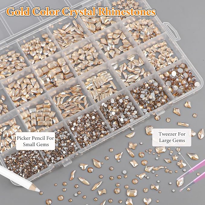 Champagne Gold Nail Art Rhinestones Kit Multi Shapes Crystal Flatback Nail Gems Half Round Rhinestones for Nails, Gold Gems Crystals Glass Rhinestone for Nails Art DIY Supplies Craft