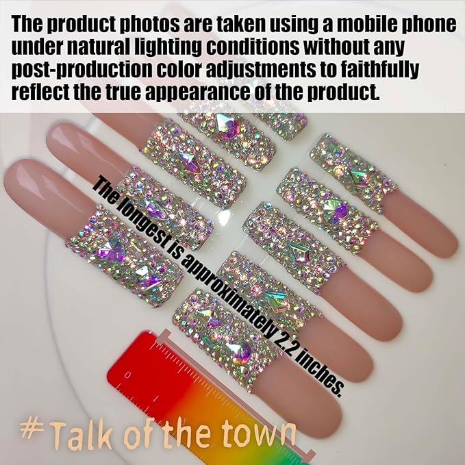 Xxl Press on Nails Extra Long Square Handmade Press-on Nails with Design French Tip Rhinestones Press Ons 10pcs M Size Pattern 1105