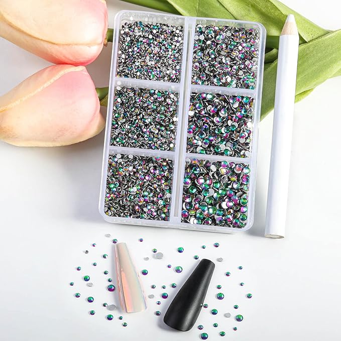 Beadsland 7200pcs Flatback Rhinestones,Green Rhinestone Nail Gems Round Crystal Rhinestones for Crafts,Mixed 6 Sizes with Wax Pencil Kit, SS3-SS10,Green Volcano