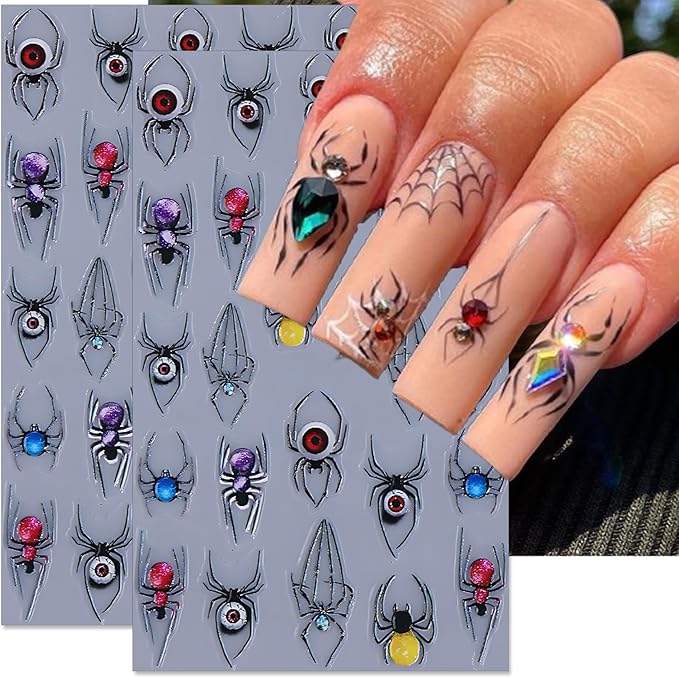 Halloween Spider Nail Stickers, Embossed Horror Eyeball 5D Self-Adhesive Nail Art Decals for DIY Colorful Spider Manicure (2 Sheets)