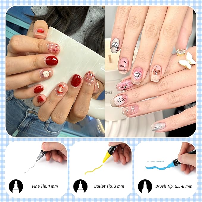 Nail Art Markers 12 Color Set Nail Polish Pens Marker, Acrylic Paint Markers with 3 Types of Pen Tips (0.5/1.0/3.0mm) Non-Toxic Quick-Drying Waterproof for Women DIY Nails Art Design Manicure Tools