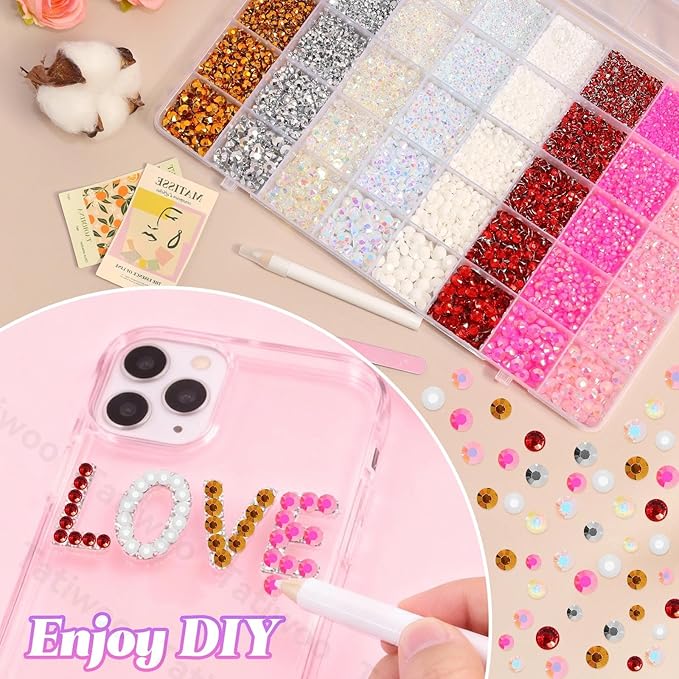 30000Pcs Rhinestones Bedazzling Kit, Pink White Red Sliver Gold Resin Rhinestones for Bedazzling, 2/3/4/5/6mm Flatback Gems for Crafts, Bedazzling Kit for Clothing Shoes DIY Face Makeup Tumblers