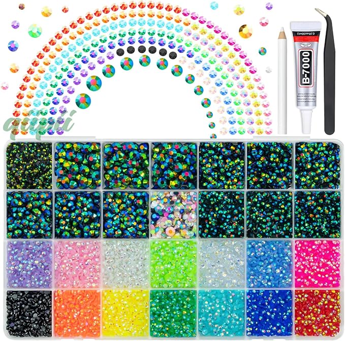 Peacock Green AB Resin Rhinestones w B7000 Glue for Crafting Bedazzling 2-6mm Flatback Colorful Jelly Stones Diamonds Gems Bedazzler Kit for Nails Face Eyes Makeup Tumblers Bottles Crafts Shoes