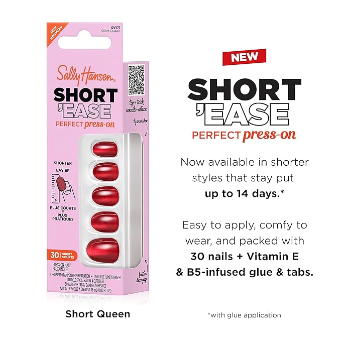 Sally Hansen Salon Effects Perfect Press-On Short'Ease Nails | Oval Shape | Easy to Apply, Non-Damaging, Natural Look Vitamin E & B5 | 30 Nails, Nail Glue, Adhesive Tabs, File| Short Queen