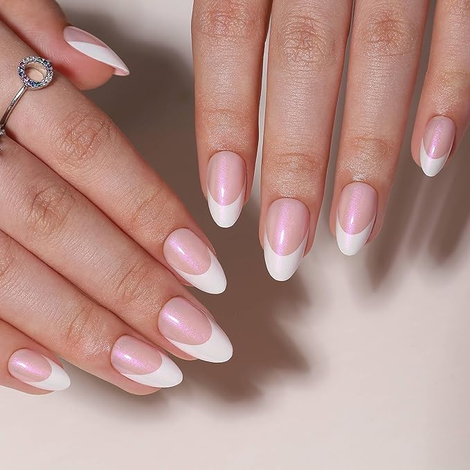 RTKHFZE French Tip Press On Nails Almond-Gel Press on Nails Short,Soft Gel Fake Nails,Supremely Fit & Natural Reusable Stick On Nails in 16 Sizes - 32 False Nails Kit with Glue