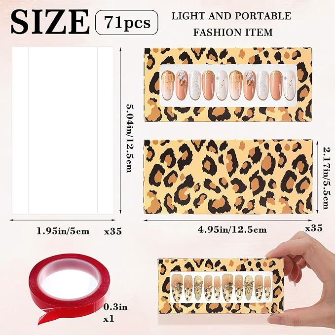 71 Pcs Empty Press on Nails Packaging Box 35 Pcs White Background Papers and 1 Double Sided Tape, Empty Nail Package Box Set for Press on Nail Business(Brown Leopard)