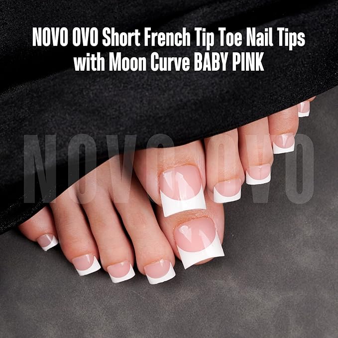 NOVO OVO Halloween Short Toe Nail Tips White French Tip with Moon Curve, BABY PINK Thick Sharp Square Toenail Extension, Soft Gel False Nail Kit, Need Glue Builder Gel Top Coat x15 Sizes 240 pcs