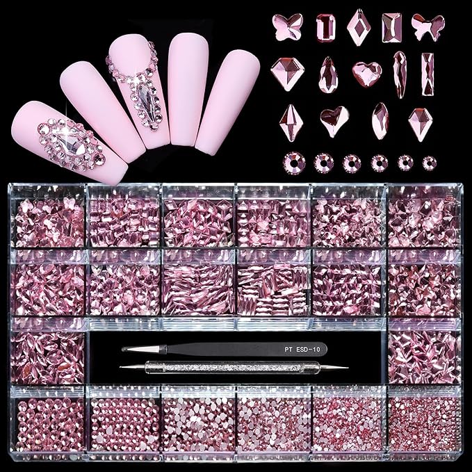 14 Types of 700 Pink Diamonds + 1500 Flat Rhinestones Mix 20 Styles Flatback DIY Crafts Rhinestone Crystals 3D Ornament‌s Flat Back Stones Set + Tweezers + Drill Pen
