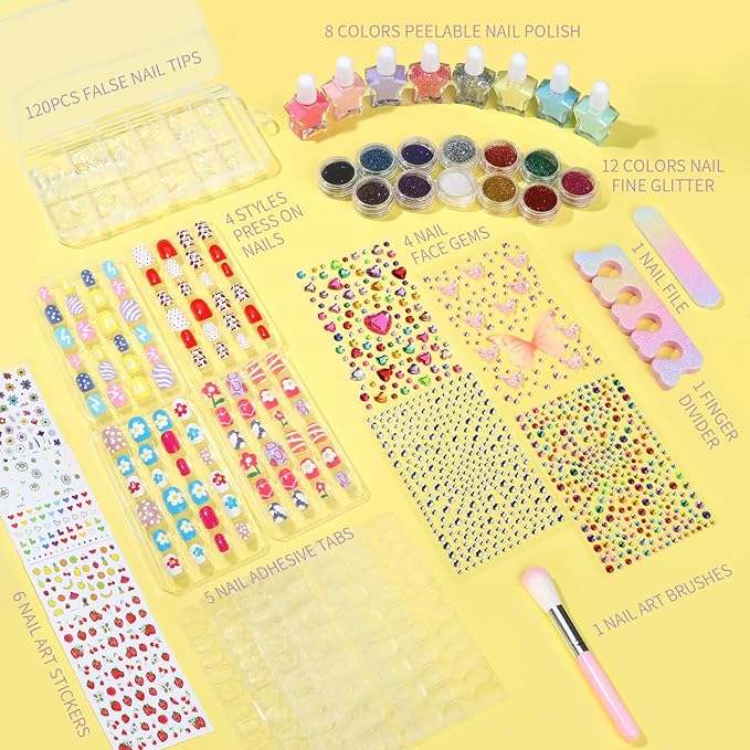 FANDAMEI Nail Kit for Girls, Press on Nails for Kids, Nail Polish Set for Girls, False Nail Tips for Kids, Nail Stickers for Kids, 3D Rhinestone Stickers Face Gems, Nail Glitter, Nail Art Tool Kit
