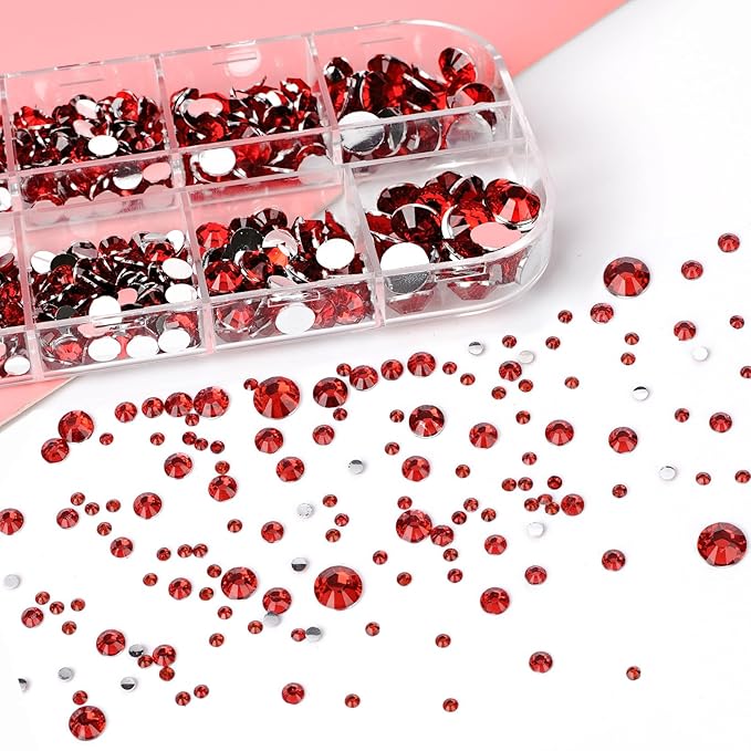Canvalite 1500PCS Red Rhinestones Flat Back Gems, Nail Rhinestones Nail Art Gems with Pick Up Tweezers and Rhinestone Picker Dotting Pen, Nail Art Tools for Nails, Clothes, Face, Craft