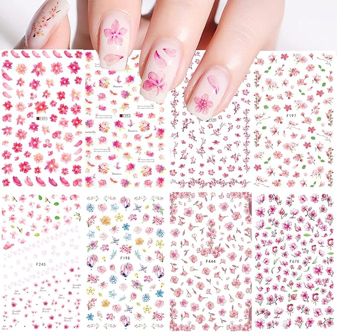 Cherry Blossom Nail Stickers, 3D Pink Flowers Nail Self-Adhesive Sticker Designs, Spring Red Plum Peach Leaf Dry Floral Nail Decals Supplies for Women DIY Manicure Flower Nail Decorations