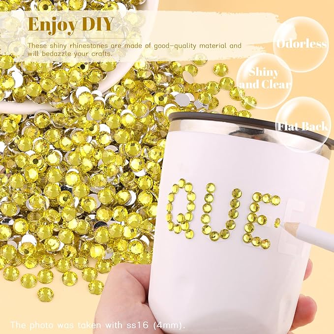 12000PCS 2mm Resin Rhinestones Bulk for Crafting (Lemon Yellow), Flatback Bedazzling Crystals for Crafts DIY Nail Decoration, Gems Charms for Tumbler Shoes Clothing Fabric with Pickup Pen And Tweezers
