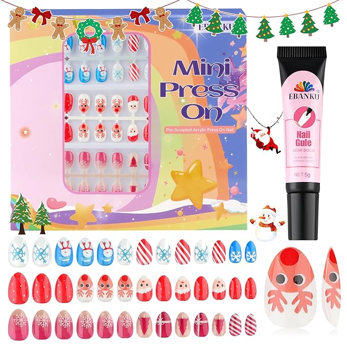 78 Pieces Christmas Press on Nails for Kids, EBANKU 3 Pack Kid Fake Nail Kit Old Christmas Cute Press on Nails for girls 8-12 Years with Jelly Nail Adhesives & Nail Builder Glue