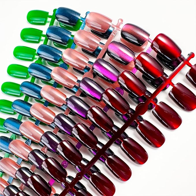 150Pcs Cat Eye Press on Nails Short Square Fake Nails 5 Color Glitter Glossy Glue On Nails Full Cover Shiny Acrylic False Nail Tips Kit for Women DIY Nail Art Manicure 15 Size