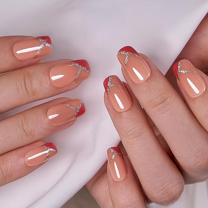 Curvlife Press On Nails Acrylic Fake Nails with Design - Full Cover False Nails Reusable Kit with Nail Glue Adhesive Tabs - Nail File - Artificial Glue on Nails (Red Mosaic, 30pcs)