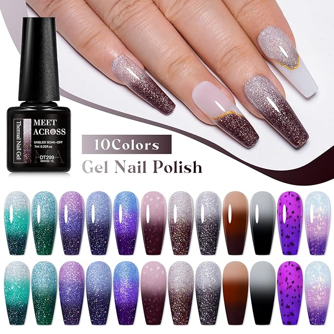 MEET ACROSS Color Changing Gel Nail Polish Set, 12 PCS Shimmer Glitter Mood Temperature Change Colors Kit, Black Brown Green Purple UV Thermal Manicure Gel Gift