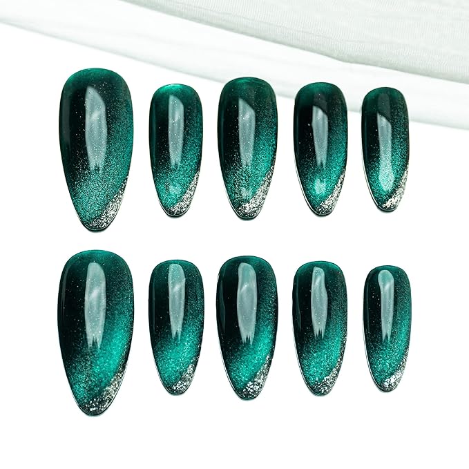 Sun&Beam Nails Handmade Medium Long Almond Green False Nail Tips with Cute Magnetic Popular Charm Design Press On Nails 10 Pcs (#42 M)