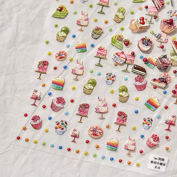 Dedyel Food Nail Art Stickers 3D Cake Dessert Donut Ice Cream Cookies Fruit Bread Self-Adhesive Nail Stickers for Women Girls Kids