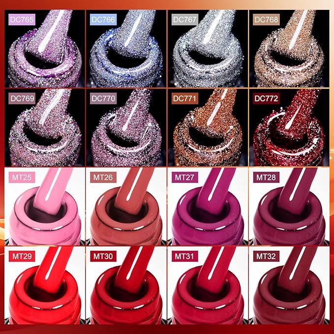 MTSSII Silver Light Purple Pink Blue Orange Red Glitter Gel Nail Polish Pink Purple and Red Series Gel Nail Polish Gel Set Gel Reflection Glitter Polish Kit for DIY Nail Art Women Gifts