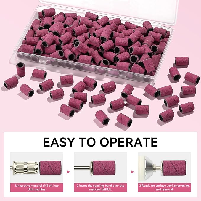 Makartt Sanding Bands for Nail Drill - 100 Pcs Nail File Sanding Bands for Drill Bits #180 Medium Grits for Acrylic Nails Gel Removing and Shaping, Upgrade Thicker Durable Sanding Drill Bit, Pink