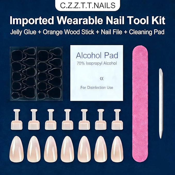 24pcs Long Almond Press On Nails,Translucent Nude Gradient Fake Nails with Jelly Glue,Reusable Stick On Nails for Women & Beauty lovers