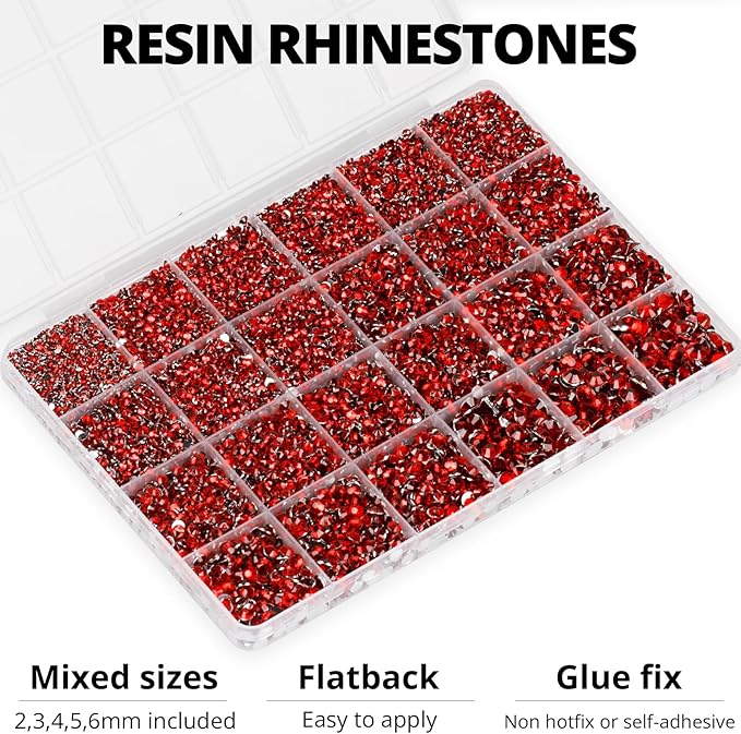20100Pcs Red Resin Rhinestones 2,3,4,5,6mm Flatback for Bedazzling Crafting Crafts Clothing Clothes Fabric Shoes Nail Art, Flat Back Gems Diamonds Bedazzle Kit Bulk Jewels Crystals Gemstones