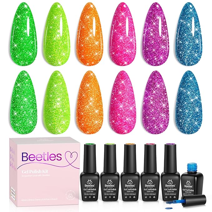 beetles Glitter Gel Nail Polish Set - Neon Carnival 6 Colors Reflective Glitter Gel Polish Set Pink Green Purple Blue Spring Bright Sparkly Gel Nails Soak Off Uv Led Salon Easter Gift for Women