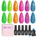 beetles Glitter Gel Nail Polish Set - Neon Carnival 6 Colors Reflective Glitter Gel Polish Set Pink Green Purple Blue Spring Bright Sparkly Gel Nails Soak Off Uv Led Salon Easter Gift for Women