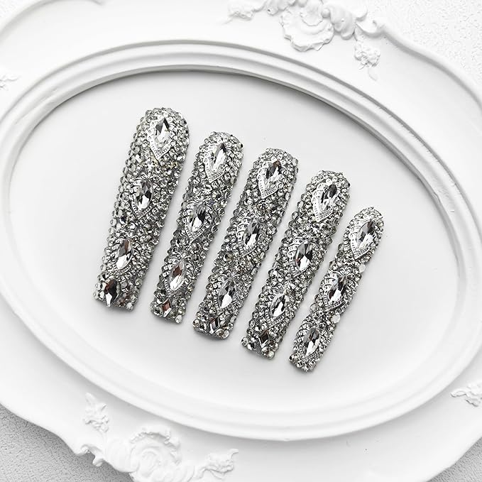 2025 Pure Shine 3D Crystal Nails – Handmade Long PMMA Press-Ons with Box (Full Diamond, Long)