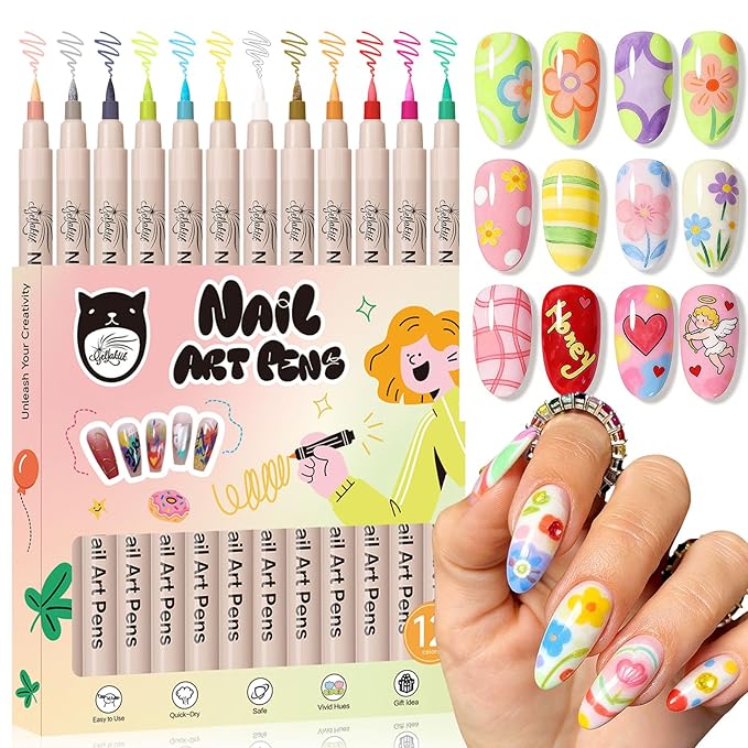 12 Colors Nail Art Pens Set, 3D Nail Polish Pens 0.7mm, Quick-Drying&Waterproof Acrylic Paint Markers, Dotting Liner for DIY Nail Design, Home & Salon Manicure Tools, Ideal for Christmas, Halloween