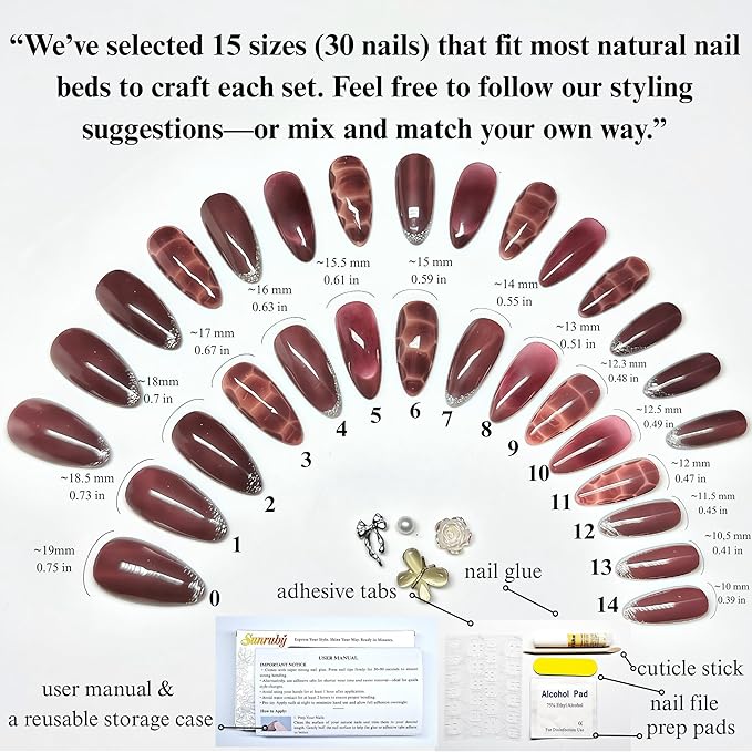 Press On Nails Medium Almond Brown Cafe with Silver Glitter French Tip & More| Reusable Soft Gel Nails in 15 Sizes -30 Nail Kit with Glue | Designed in L.A, Handmade in Vietnam | Espresso Chic