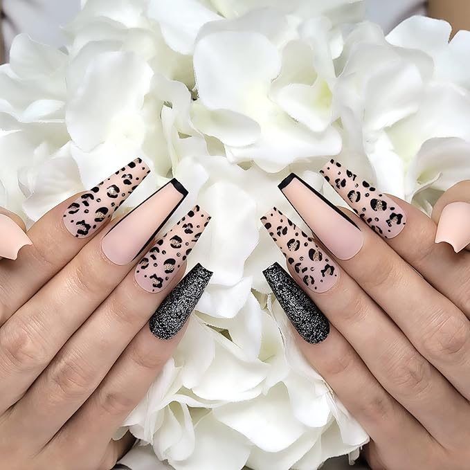 Hypnaughty 24 Pcs Nude Pink Leopard Extra Long Matte Coffin Press on Nails with Glitter XL False Nails with Glue (Nude Pink Leopard)