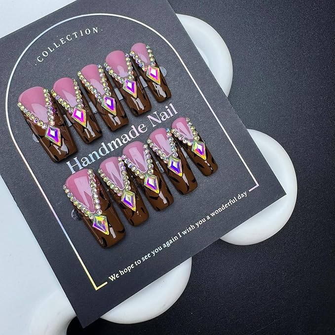 100% 5D Handmade Press on Nails Leopard Long Coffin Fake Nails Press ons Diamond False Nails Fall French tip Press on Nails Rhinestones Fake Nails for Women Girls Daily Wear DIY Manicure Size L
