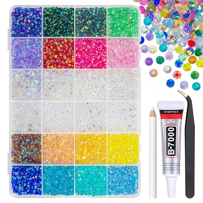 24000Pcs 18 Color 3mm Transparent AB Resin Rhinestones w B7000 Glue for Bedazzling Crafting Flatback Colorful Stones Crystals Gems Diamonds Charms for Nails Face Makeup Tumblers Bottles Crafts