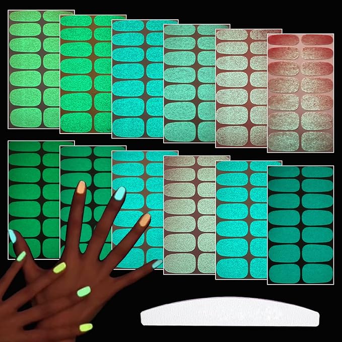WOKOTO 12 Sheets Luminous Solid Nail Polish Strips with File - Self-Adhesive Glow in Dark Gel Nail Strips Stick On Nails Stickers Full Wraps for Women Nail Art Polish Stickers for Nails