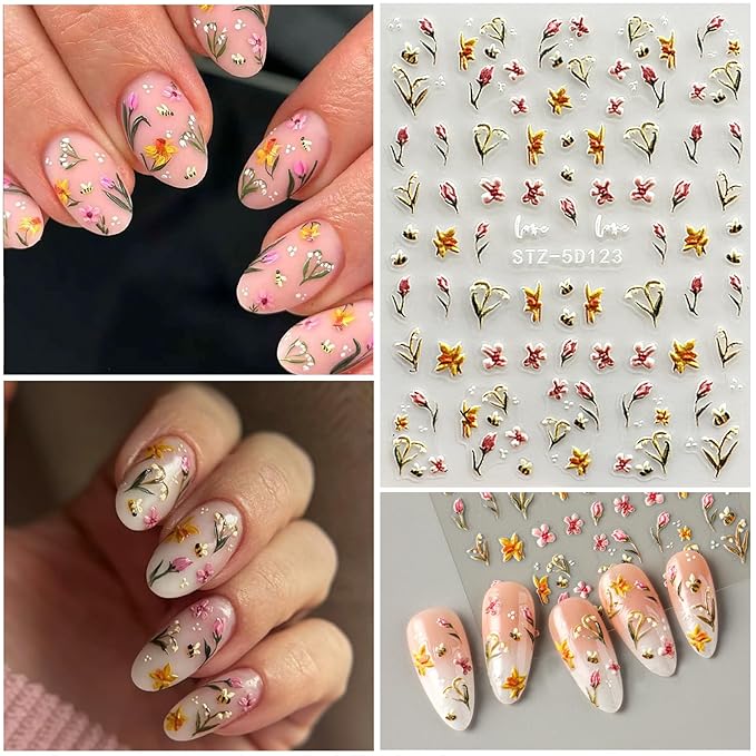 Flower Nail Art Stickers 5D Embossed Tulip Nail Decals Spring Summer Colorful Flower Nails Design Self-Adhesive 3D Accessories for Women Nails DIY Decoration(5 Sheets)