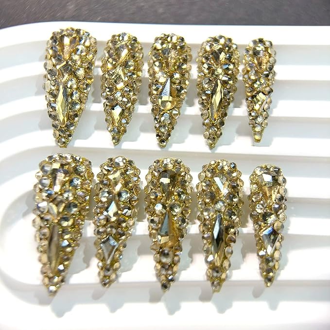 Almond Press on Nails Long Gold Rhinestones Handmade Fake Nails Luxury Full Cover False Nails with 3D Designs Acrylic Nails Press Ons Sparkly Reusable Glue on Nail for Women 10Pcs(Size M)