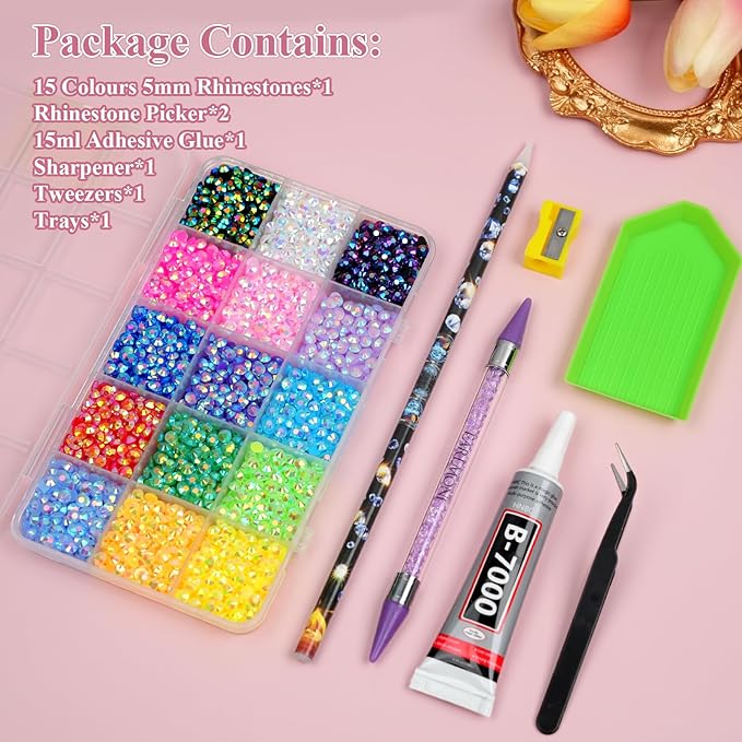 Resin Jelly Rhinestones for Bedazzling, EARLMONI Multi Colord Bedazzler Kit with 15ml B7000 Glue Rhinestone Pen Tool for Clothes Nail Art (15 Colors, 5MM)