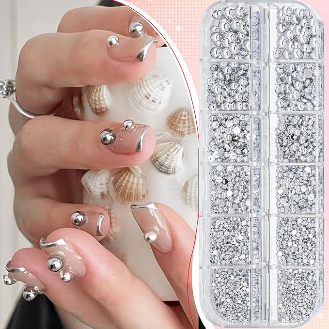 2160 Pcs Resin Half Round Pearls Kit, Mixed Sizes Flatback Silver Pearls, 3D Nail Decorations Pearls with Tweezers and Dual-end Brush for 3D Nail Crafts DIY, Face Makeup Gems Jewels(29-K1-2)
