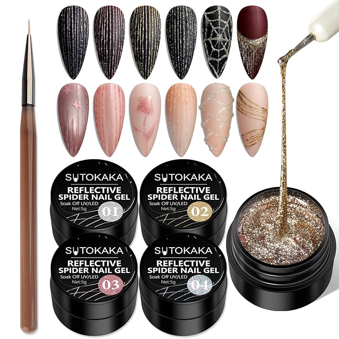 Reflective Glitter Spider Gel, 4 Colors Sparkle Diamond Sliver Gold Pink Elastic Spider Gel Polish, Nail Designs Paint Wire Drawing Gels Polish for Line DIY Manicure Home or Salon Use