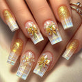MISUD Press on Nails - Long Square Fake Nails with Bling Gold Glitter, Acrylic Plaid Bow Design 24 pcs