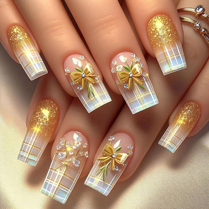 MISUD Press on Nails - Long Square Fake Nails with Bling Gold Glitter, Acrylic Plaid Bow Design 24 pcs