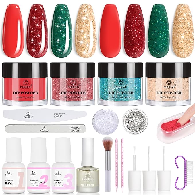 Beetles Christmas Dip Powder Nail Kit, Winter Colors Red Green Glitter Golden Dipping Powder with Liquid Set and Tools for French Nail Art, Easy DIY Home Manicure Salon Merry Sparkle Collection