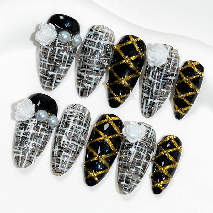 Sun&Beam Nails Handmade Medium Long Almond Black False Nail Tips with Cute 3D White Flower Popular Charm Design Press On Nails 10 Pcs (#79 L)