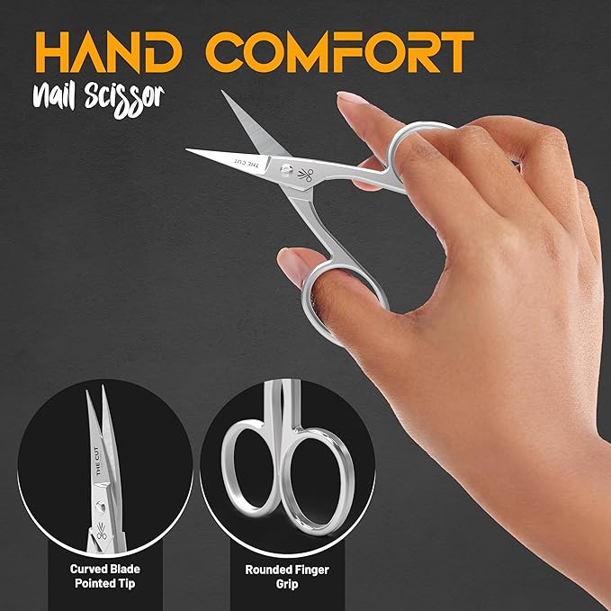 The Cut Factory- Premium Manicure Scissors Multi purpose Stainless Steel Cuticle Pedicure Beauty Grooming Kit for Nail, Eyebrow, Eyelash, Curved Blade High Carbon Steel Anti- Rust Leather Pouch