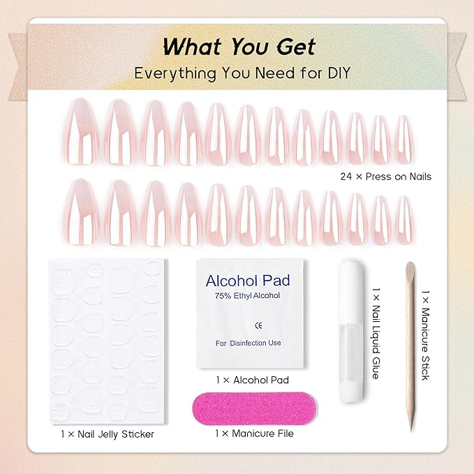Pearlescent Press on Nails Medium, Glazed Ombre Nude Fake Nails Almond Chrome Acrylic Press Ons for Women, Natural Fit Full Cover Glue on Nails in 12 Sizes - 24 Pieces Nail Kit